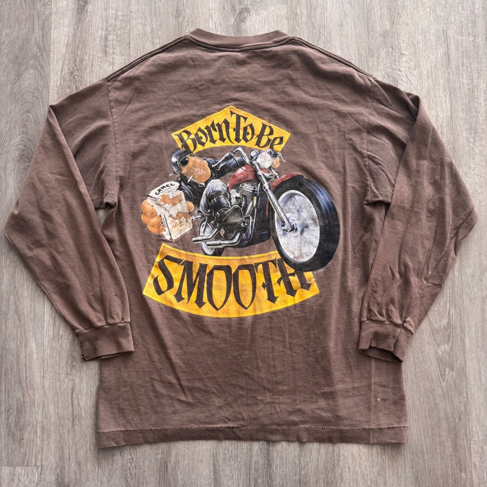Vintage Joe Camel Born To Be Smooth Motorcycle Pocket T-Shirt Brown Large 90s
